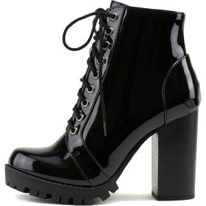 Soda Chalet – Fashion Lace up Military Inspired Ankle Boot with Stacked Heel and Side Zipper(Black Patent)