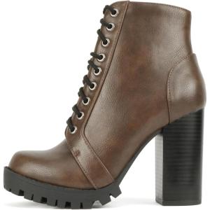 Soda Chalet – Fashion Lace up Military Inspired Ankle Boot with Stacked Heel and Side Zipper(Brown)