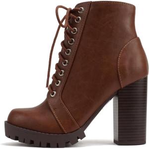 Soda Chalet – Fashion Lace up Military Inspired Ankle Boot with Stacked Heel and Side Zipper(Tan Pu)