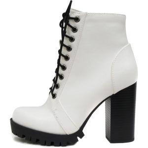 Soda Chalet – Fashion Lace up Military Inspired Ankle Boot with Stacked Heel and Side Zipper(White)