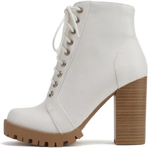 Soda Chalet – Fashion Lace up Military Inspired Ankle Boot with Stacked Heel and Side Zipper(White/Nude Pu)