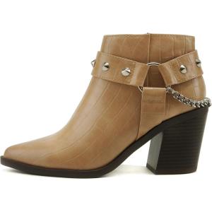 Soda ECOMM – Women Pointed Toe Stacked Block Heels Boot W/Gleaming Chain On Studded Ankle Harness Back Strap w/Functional Zipper(Blond Croco Pu)