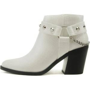 Soda ECOMM – Women Pointed Toe Stacked Block Heels Boot W/Gleaming Chain On Studded Ankle Harness Back Strap w/Functional Zipper(White Croco Pu)