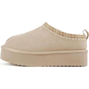 Soda “Eagle” ~ Women Round Toe Slip-On Flatform Lug Sole Sherpa-lined Slipper with Stitch Details(Beige Imitation Suede)