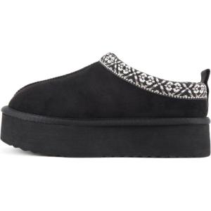Soda “Eagle” ~ Women Round Toe Slip-On Flatform Lug Sole Sherpa-lined Slipper with Stitch Details(Black Imitation Suede)