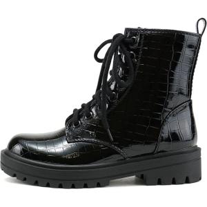 Soda FIRM – Lug Sole Combat Ankle Bootie Lace up w/Side Zipper(Black Croco Patent)