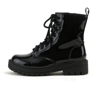 Soda FIRM – Lug Sole Combat Ankle Bootie Lace up w/Side Zipper(Black Patent)