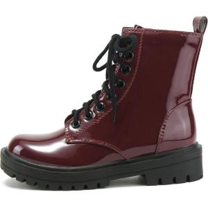 Soda FIRM – Lug Sole Combat Ankle Bootie Lace up w/Side Zipper(Burgundy Patent)