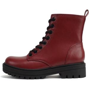 Soda FIRM – Lug Sole Combat Ankle Bootie Lace up w/Side Zipper(Burgundy Pu)