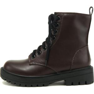 Soda FIRM – Lug Sole Combat Ankle Bootie Lace up w/Side Zipper(Dark Brown)
