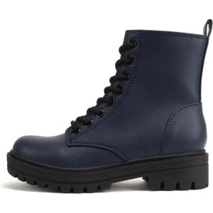 Soda FIRM – Lug Sole Combat Ankle Bootie Lace up w/Side Zipper(Navy Pu)