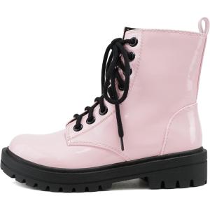 Soda FIRM – Lug Sole Combat Ankle Bootie Lace up w/Side Zipper(Po-pink Patent)