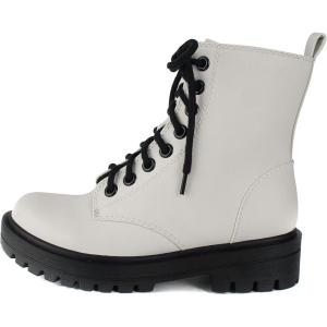 Soda FIRM – Lug Sole Combat Ankle Bootie Lace up w/Side Zipper(White)