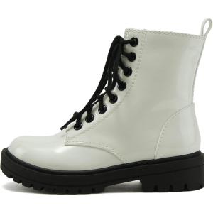 Soda FIRM – Lug Sole Combat Ankle Bootie Lace up w/Side Zipper(White Patent)