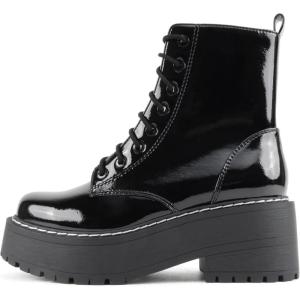 Soda FLING Women Chunky Lug Sole Lace up Fashion Combat Ankle Boot w/Side Zipper(Black Patent)