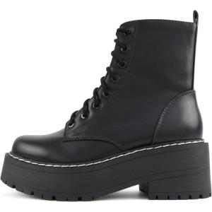 Soda FLING Women Chunky Lug Sole Lace up Fashion Combat Ankle Boot w/Side Zipper(Black Pu)