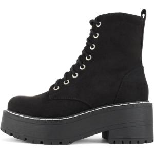 Soda FLING Women Chunky Lug Sole Lace up Fashion Combat Ankle Boot w/Side Zipper(Black Suede)