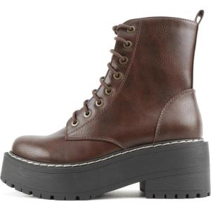 Soda FLING Women Chunky Lug Sole Lace up Fashion Combat Ankle Boot w/Side Zipper(Brown Pu)