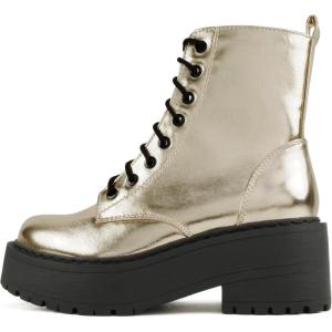 Soda FLING Women Chunky Lug Sole Lace up Fashion Combat Ankle Boot w/Side Zipper(Gold Metallic Pu)