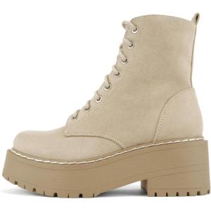 Soda FLING Women Chunky Lug Sole Lace up Fashion Combat Ankle Boot w/Side Zipper(Lt Wheat Suede)