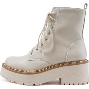 Soda FLING Women Chunky Lug Sole Lace up Fashion Combat Ankle Boot w/Side Zipper(Off White Pu)