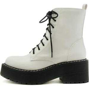 Soda FLING Women Chunky Lug Sole Lace up Fashion Combat Ankle Boot w/Side Zipper(White Pu)