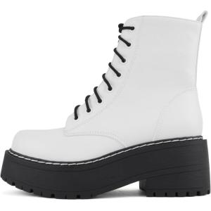 Soda FLING Women Chunky Lug Sole Lace up Fashion Combat Ankle Boot w/Side Zipper(White/Black Pu)