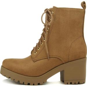 Soda FUZZY ~ Women Chunky Lug Sole Lace up Fashion Combat Ankle Boot w/Side Zipper(M-tan Imit Suede)