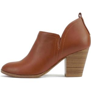 Soda “GAMEY” ~ Women Almond Toe V-Cut Slip-On Medium Stack Heel Ankle Bootie Shootie(Tan Pu)