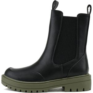 Soda GROTTO – Women Lug Sole High Profile Chelsea Elastic Gore Mid Shaft Fashion Boot(Black/Green Pu)