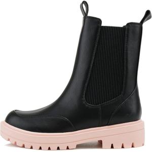 Soda GROTTO – Women Lug Sole High Profile Chelsea Elastic Gore Mid Shaft Fashion Boot(Black/Pink Pu)