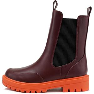 Soda GROTTO – Women Lug Sole High Profile Chelsea Elastic Gore Mid Shaft Fashion Boot(Vino/Orange Pu)