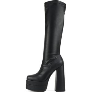 Soda “Glass” ~ Women Square Toe Platform High Heel Knee High Boots with Stitched Details(Black Pu)