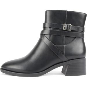 Soda “Heron” ~ Women Round Toe Low Block Heel Ankle Boot with Side Zipper(Black-s Pu)