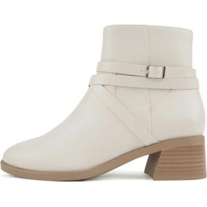 Soda “Heron” ~ Women Round Toe Low Block Heel Ankle Boot with Side Zipper(Bone-s Pu)
