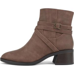Soda “Heron” ~ Women Round Toe Low Block Heel Ankle Boot with Side Zipper(Brown-s Pu)