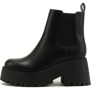 Soda INSTANT Women Chunky Lug Sole Mid Heel Chelsea Fashion Ankle Bootie w/Double Elastic Gore(Black)
