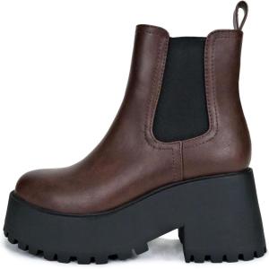 Soda INSTANT Women Chunky Lug Sole Mid Heel Chelsea Fashion Ankle Bootie w/Double Elastic Gore(Brown/Black Pu)