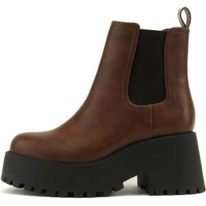 Soda INSTANT Women Chunky Lug Sole Mid Heel Chelsea Fashion Ankle Bootie w/Double Elastic Gore(Cognac)