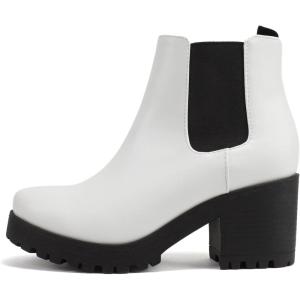 Soda JABER ~ WOMEN LUG SOLE MID HEEL FASHION ANKLE BOOTIE W/DOUBLE ELASTIC GORE(White Pu)