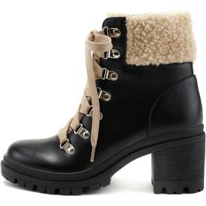 Soda KEYNOTE ~ Women Chunky Lug Sole Faux Fur D-Ring Lace-up Fashion Combat Ankle Boot w/Side Zipper(Black Pu)