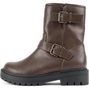 Soda “Kicker” ~ Women Moto Bootie Round Toe Buckle Straps Mid-Calf with Side Zipper(Brown Pu)