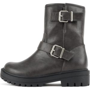Soda “Kicker” ~ Women Moto Bootie Round Toe Buckle Straps Mid-Calf with Side Zipper(Grey Pu)