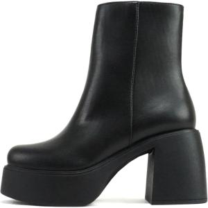 Soda “OARSMAN” ~ Women Square Toe Platform Medium Chunky Heel Ankle Boot with Side Zipper(Black Pu)