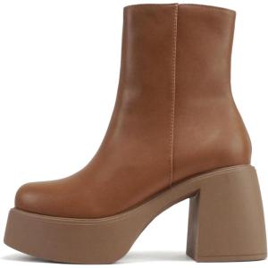 Soda “OARSMAN” ~ Women Square Toe Platform Medium Chunky Heel Ankle Boot with Side Zipper(Light Tan Pu)