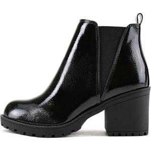 Soda ORIGAMI ~ WOMEN LUG SOLE MID HEEL FASHION ANKLE BOOTIE W/DOUBLE ELASTIC GORE(Black Crk Patent)