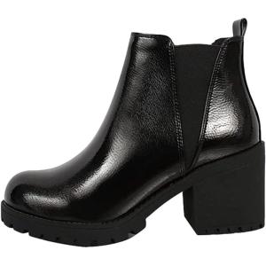 Soda ORIGAMI ~ WOMEN LUG SOLE MID HEEL FASHION ANKLE BOOTIE W/DOUBLE ELASTIC GORE(Black Pat)