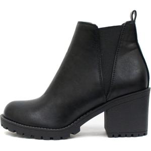 Soda ORIGAMI ~ WOMEN LUG SOLE MID HEEL FASHION ANKLE BOOTIE W/DOUBLE ELASTIC GORE(Black Pu)
