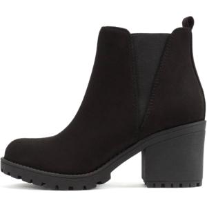 Soda ORIGAMI ~ WOMEN LUG SOLE MID HEEL FASHION ANKLE BOOTIE W/DOUBLE ELASTIC GORE(Black Suede)