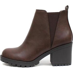 Soda ORIGAMI ~ WOMEN LUG SOLE MID HEEL FASHION ANKLE BOOTIE W/DOUBLE ELASTIC GORE(Brown)